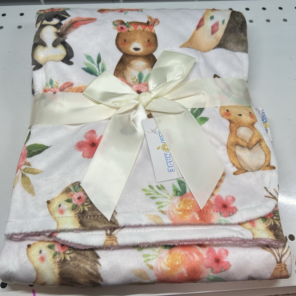 Brand New Baby Minky Blanket 30"x40" Woodland Creatures/Pink